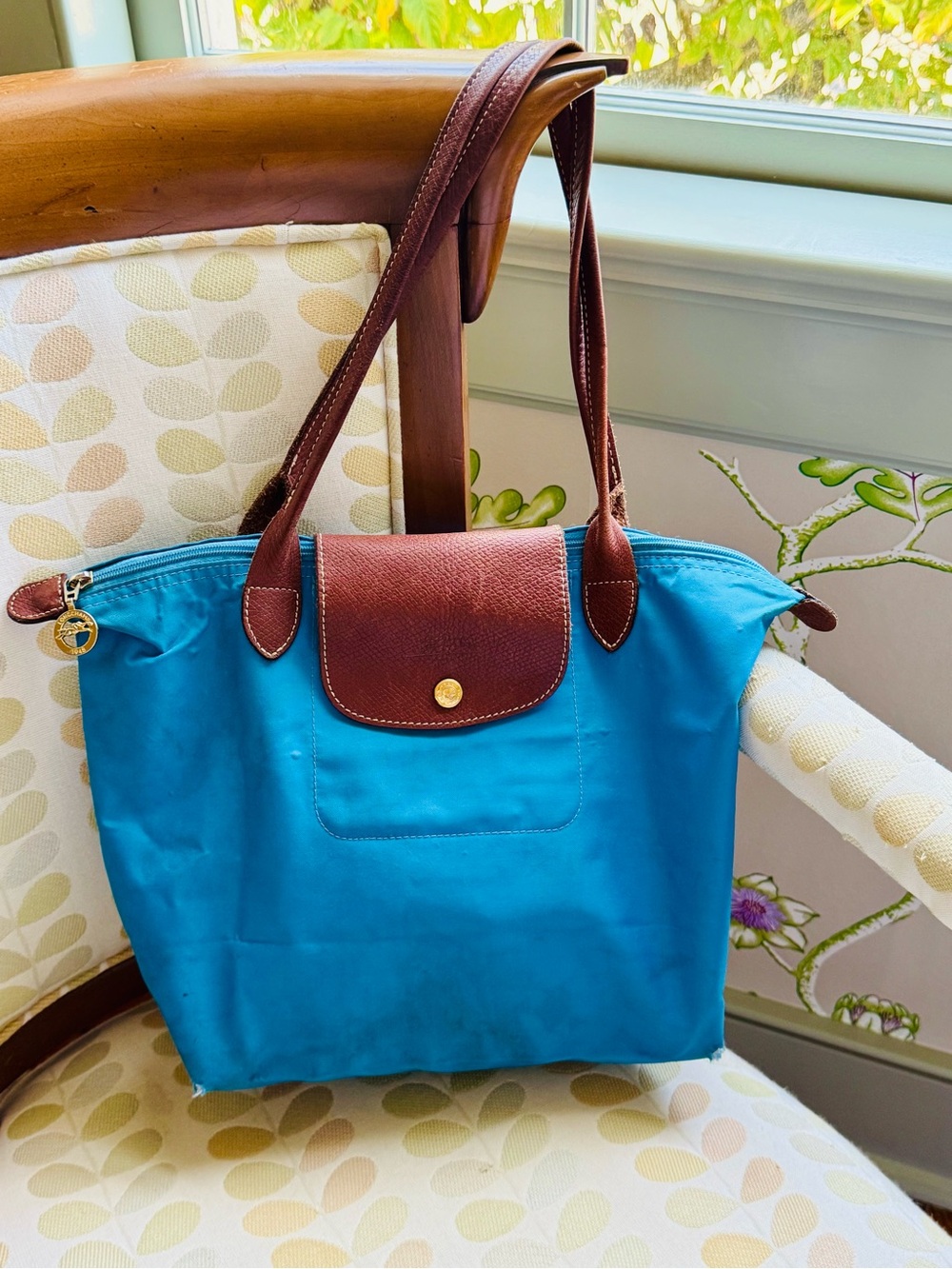 Vintage Longchamp Le Pliage Medium Tote Bag - Cobalt with Brown Trim